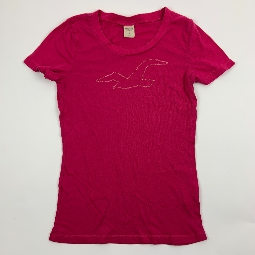 Hollister T Shirt Womens Medium Round Neck Short Sleeve Pink Beaded Logo